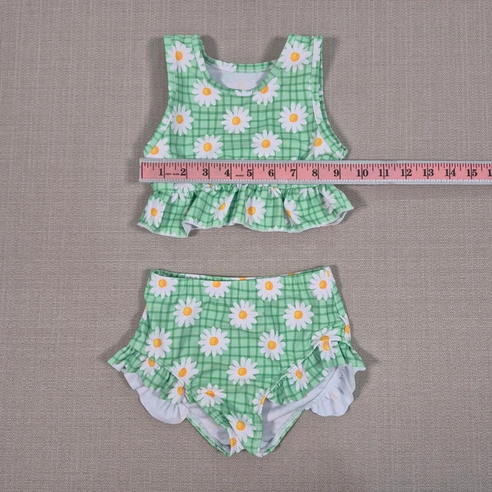 Green Gingham Daisy Ruffle Tankini Swimsuit Set 3-4Y